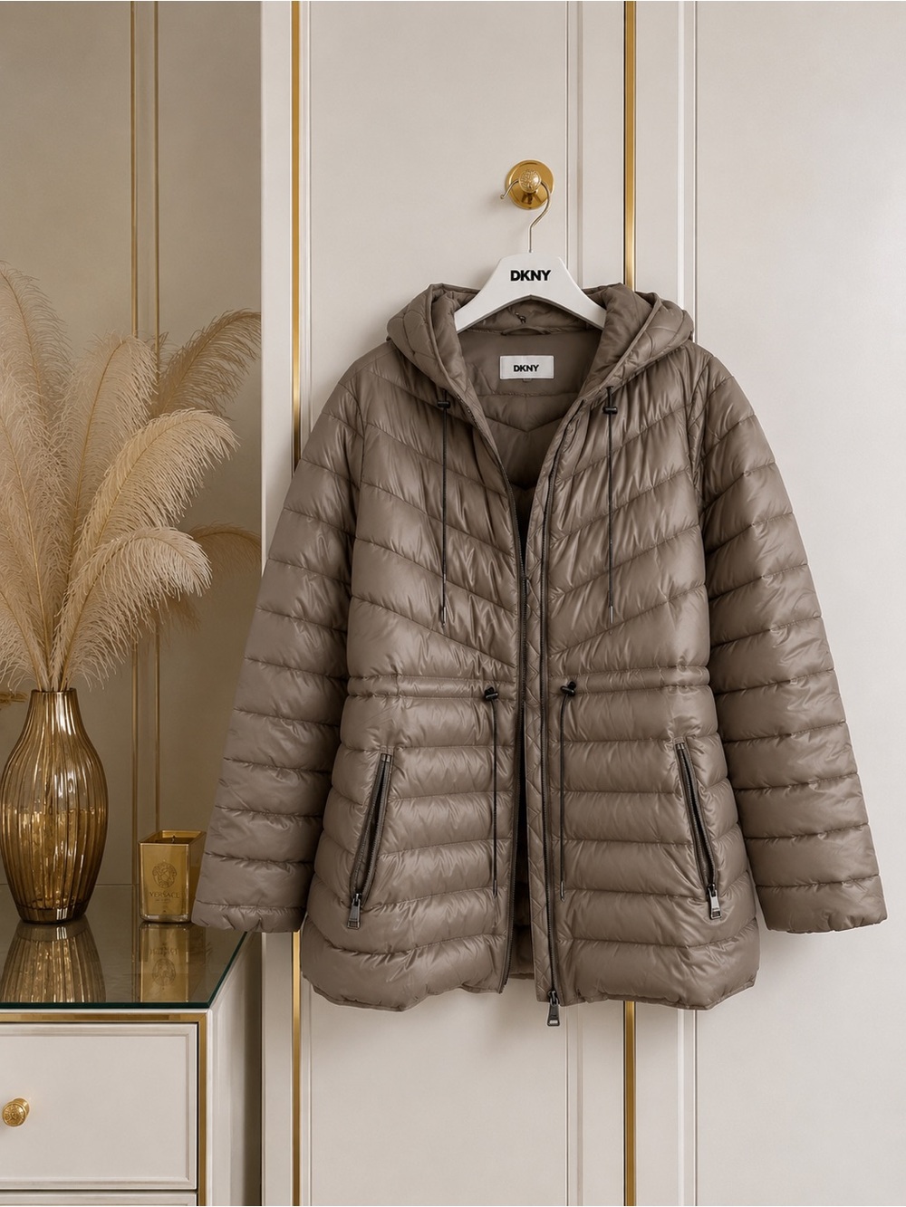 DKNY Quilted Hooded Lightweight Jacket - Gold